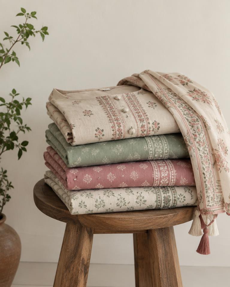 Stack of everyday cotton kurta sets in soft colours
